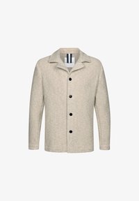 Abrigo de lana beige claro con acabado texturizado, que presenta un cuello, botones negros y mangas largas. Etiqueta visible en la zona del cuello.