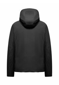 Giacca nera con cappuccio, dal tessuto morbido, caratterizzata da un design minimalista e maniche allungate. La vista posteriore non mostra hardware o decorazioni visibili.