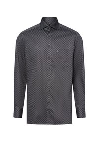 Heren overhemd met lange mouwen in donkergrijs met cirkelvormig geometrisch patroon en klassieke kraag.