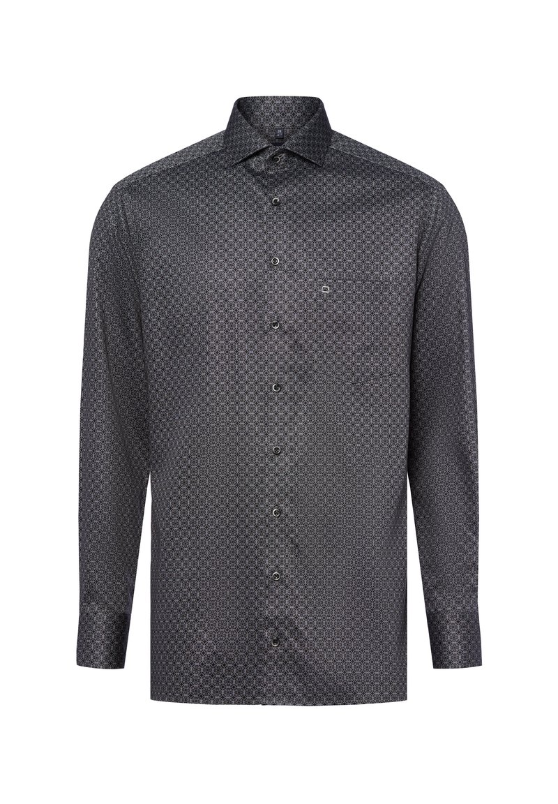 Heren overhemd met lange mouwen in donkergrijs met cirkelvormig geometrisch patroon en klassieke kraag.