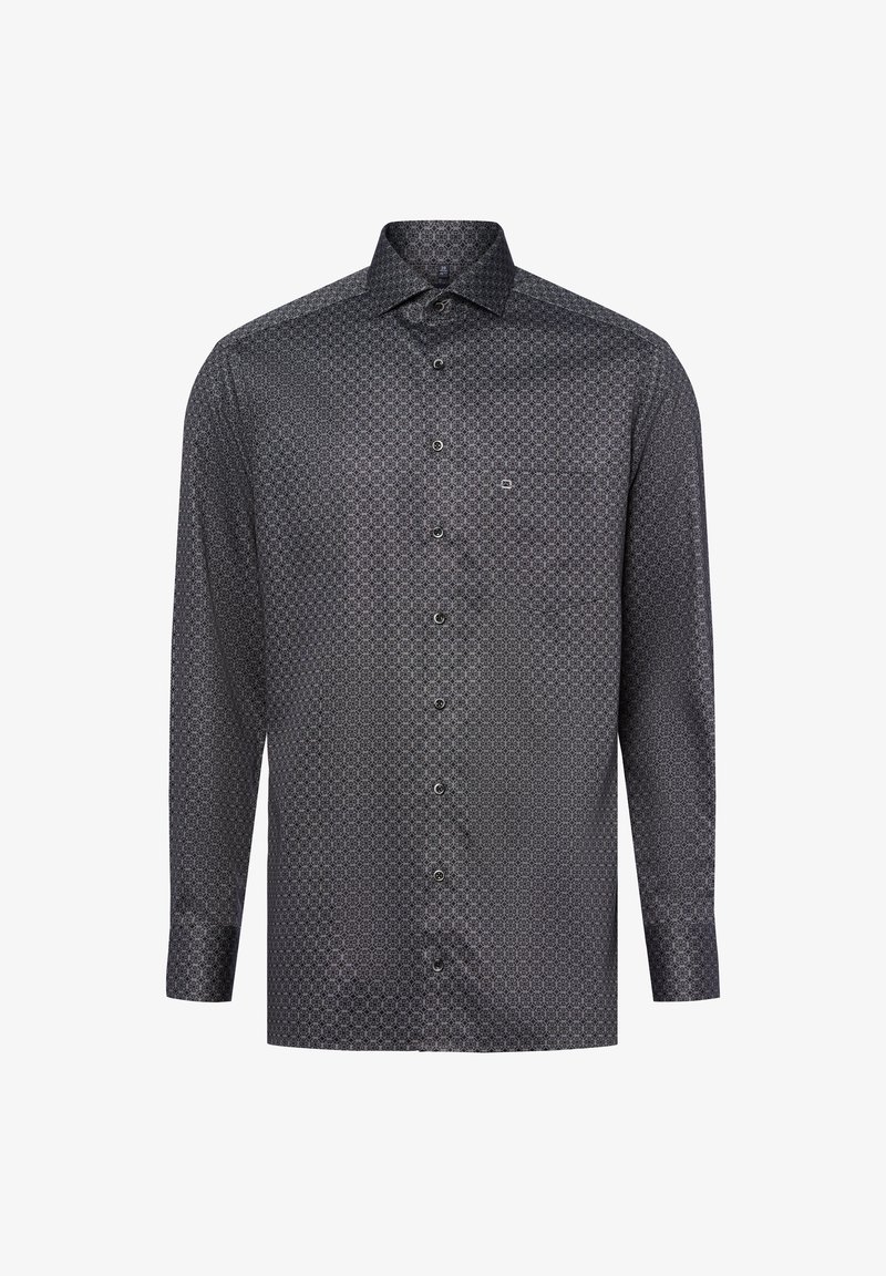 Heren overhemd met lange mouwen in donkergrijs met cirkelvormig geometrisch patroon en klassieke kraag.