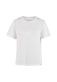 Weißes Baumwoll-T-Shirt mit kurzen Ärmeln, Rundhalsausschnitt und einem kleinen Logodetail am Saum. Glatte Textur, reguläre Passform.