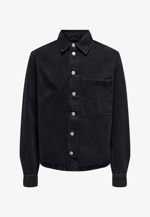Camicia in denim nero con colletto a punta, sette bottoni a pressione in argento, taschino sul petto e maniche lunghe con polsini abbottonati.