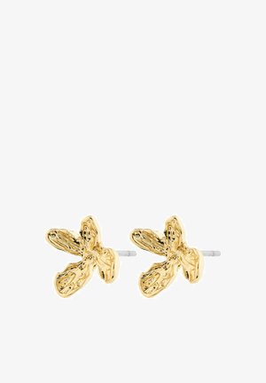 Gouden oorbellen in de vorm van bloemen met textuur op de bloemblaadjes en zilveren steunen, met verfijnde details op de bladeren.