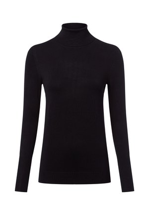 Schwarzer Rollkragenpullover aus weichem Strickstoff. Figurbetontes Design mit langen Ärmeln und gerippten Bündchen, ausgestattet mit einem hohen Kragen. Schlichtes, minimalistisches Styling.