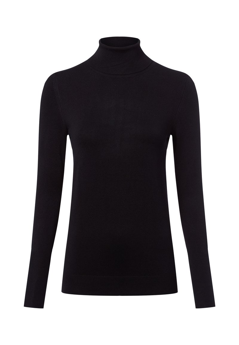Schwarzer Rollkragenpullover aus weichem Strickstoff. Figurbetontes Design mit langen Ärmeln und gerippten Bündchen, ausgestattet mit einem hohen Kragen. Schlichtes, minimalistisches Styling.