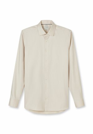 Beige shirt met lange mouwen, vervaardigd uit gestructureerde stof met een kraag, voorzien van een voorflap met zes knopen en een afgeronde zoom.
