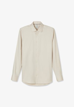 Beige shirt met lange mouwen, vervaardigd uit gestructureerde stof met een kraag, voorzien van een voorflap met zes knopen en een afgeronde zoom.