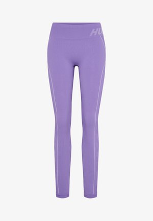 Paarse geribde legging met een hoge tailleband, voorzien van witte zij-inzetten en een logo-opdruk. Gemaakt van rekbaar materiaal voor comfort.