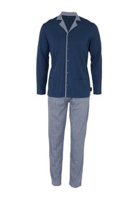 Set pigiama da uomo: maglia blu navy con bottoni, colletto e tasche grigie; pantaloni grigio chiaro. Tessuto morbido, maniche lunghe e vestibilità rilassata.