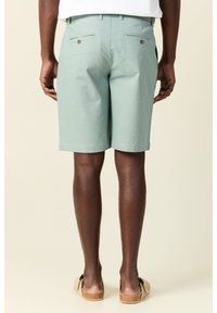 Pantalones cortos de color verde claro con una textura suave, dos bolsillos traseros asegurados con botones y un ajuste holgado, mostrados en una persona de espaldas.