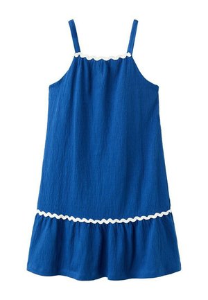Robe bleue sans manches avec fines bretelles, bordure blanche en forme de festons au niveau de l'encolure et au-dessus de l'ourlet à volants.