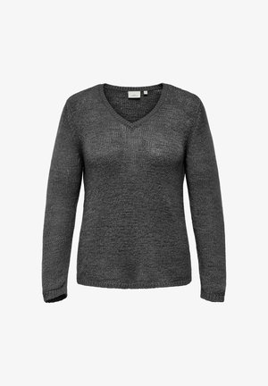 Pull gris à manches longues avec un col en V ; texture tricotée ; coupe décontractée ; sans motifs ni accents visibles ; marque minimale sur l'étiquette intérieure.