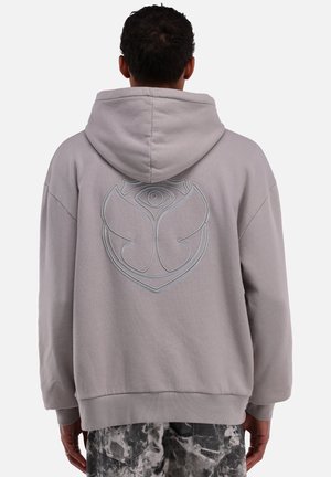 Grijze hoodie met een ontspannen pasvorm, voorzien van een groot blauw logo geborduurd op de achterkant. Ribgebreide manchetten en zoom zorgen voor textuur. Zacht stof.