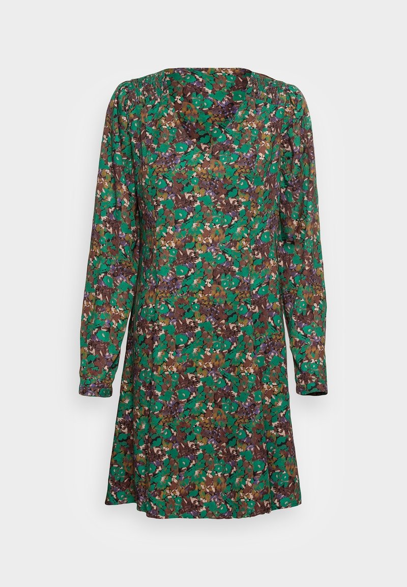 Robe à manches longues en tissu vert avec un motif floral aux accents violets, bruns et turquoise ; coupe décontractée avec un décolleté en V.