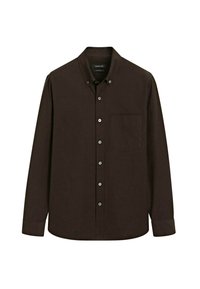 Camicia a manica lunga marrone scuro con colletto, taschino sul petto e bottoni visibili sul davanti.