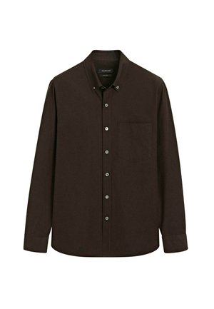 Mørkebrunt langærmet button-up skjorte med krave, brystlomme og synlige knapper ned foran.