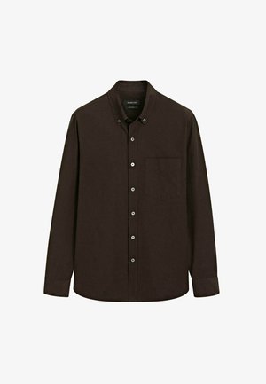 Mørkebrunt langærmet button-up skjorte med krave, brystlomme og synlige knapper ned foran.