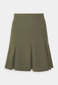 Falda verde oliva con cintura entallada y suaves pliegues, de longitud media y con una tela suave y estructurada.