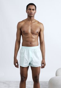 Ανοιχτό μπλε μποξεράκια με ελαστική μέση, κατασκευασμένα από απαλό ύφασμα. Το μοντέλο στέκεται μπροστά σε ουδέτερο φόντο.