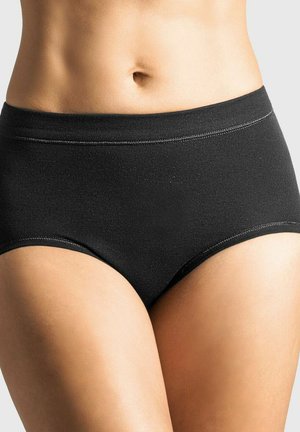 Schwarze Baumwollmischung hochgeschnittene Slips mit glatter Textur, kontrastierenden Nähten und klassischem Design für Komfort.