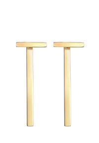 Goldfarbene Metall-Hemdknöpfe mit einem minimalistischen Design, das einen horizontalen Balken über einem vertikalen Stift zeigt, glatt poliert und ohne zusätzliche Akzente.
