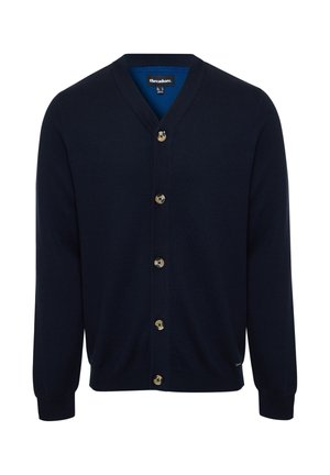 Cardigan bleu marine en maille, avec un col en V et six boutons dorés. Manches longues avec poignets côtelés. Étiquette de la marque à l'intérieur.