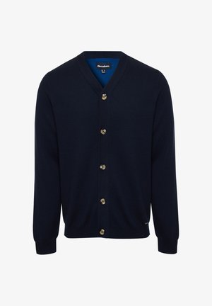 Marineblauer Cardigan aus Strickmaterial, mit V-Ausschnitt und sechs goldenen Knöpfen. Lange Ärmel mit gerippten Bündchen. Markenetikett innen.