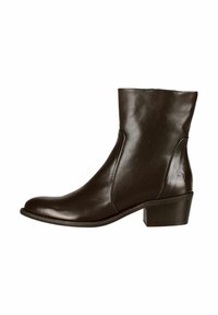 Braune Leder-Ankle-Boots mit runder Zehenform, Seitenpaneelen und einem niedrigen, gestapelten Absatz. Glatte Oberfläche und ein dezenter Logoakzent an der Ferse.
