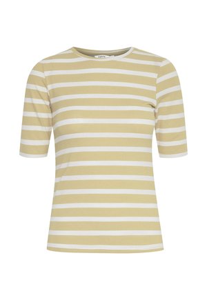 Gestreiftes T-Shirt in Hellgelb und Weiß. Rundhalsausschnitt, kurze Ärmel, aus mittelschwerer Baumwolle mit glatter Textur.