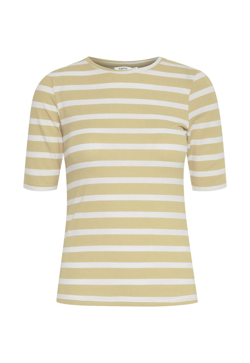Striped t-shirt in light yellow and white. Round neck, short sleeves, made of medium-weight cotton with a smooth texture.