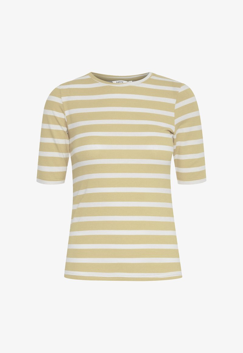 Striped t-shirt in light yellow and white. Round neck, short sleeves, made of medium-weight cotton with a smooth texture.