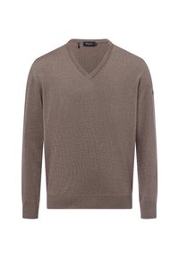 Brązowy sweter V-neck wykonany z miękkiego dzianiny, z długimi rękawami oraz ściągaczami przy mankietach i u dołu. Subtelna tekstura i prosty design.
