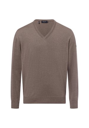 Brauner V-Ausschnitt-Pullover aus weichem Strickmaterial, mit langen Ärmeln und gerippten Bündchen und Saum. Subtile Textur und schlichtes Design.