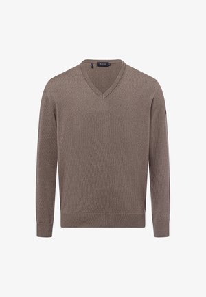 Brauner V-Ausschnitt-Pullover aus weichem Strickmaterial, mit langen Ärmeln und gerippten Bündchen und Saum. Subtile Textur und schlichtes Design.