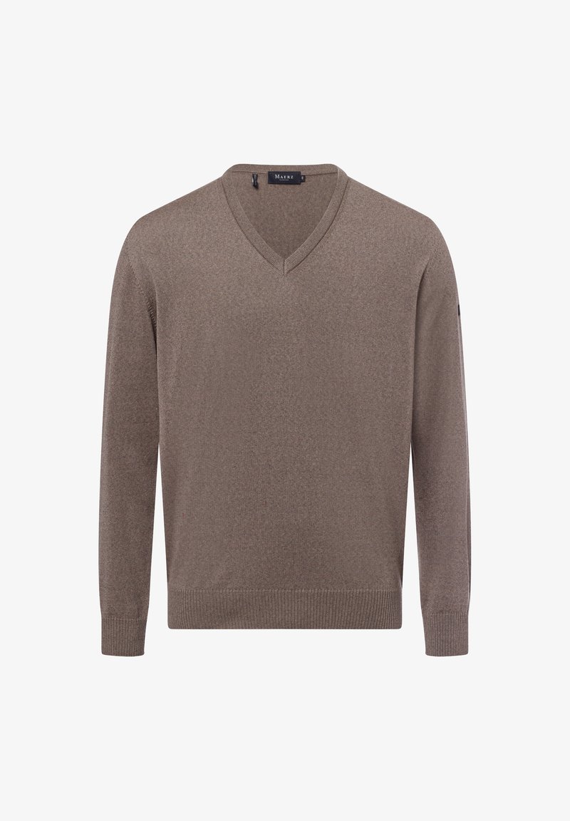 Brown V-neck sweater made of a soft knit material, featuring long sleeves and ribbed cuffs and hem. Subtle texture and simple design.