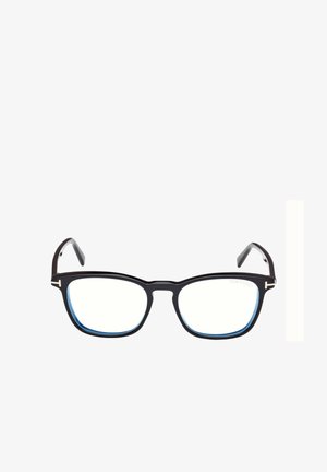 Occhiali con montatura rettangolare nera, lenti trasparenti e bordi interni blu. Presentano dettagli in metallo sulle aste, con un logo visibile.