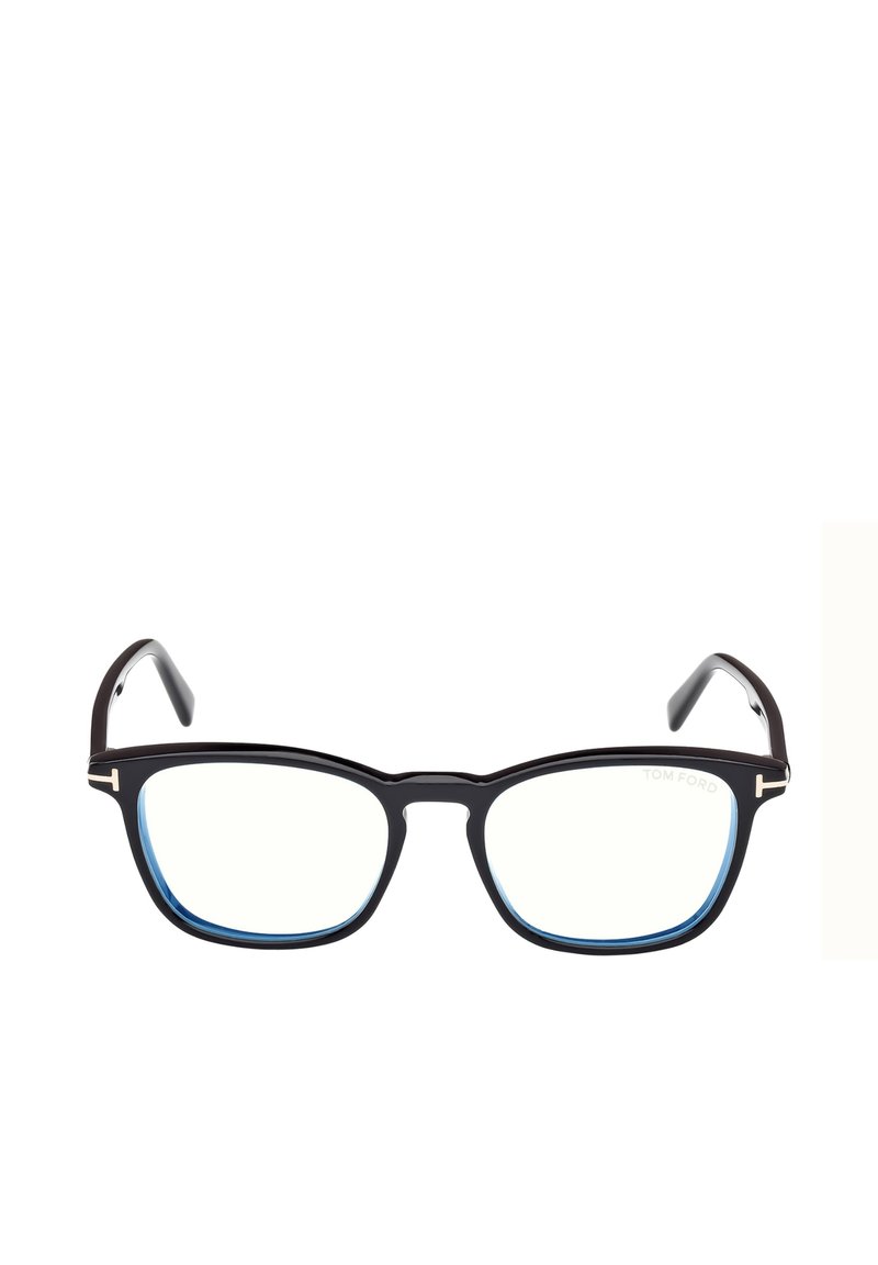 Lunettes à monture rectangulaire noire avec verres transparents et bords intérieurs bleus. Présentent des accents métalliques sur les branches, avec un logo visible.