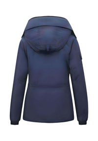 Marineblauwe pufferjas met capuchon, voorzien van lange mouwen, een gladde textuur en een voorrits. Inclusief een detail van een schouderzak.