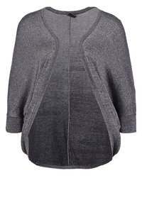 Černý a stříbrný metalický top s dlouhým rukávem, otevřeným předním dílem, kulatým výstřihem a detaily na bocích, vyrobený z texturovaného pleteného materiálu.