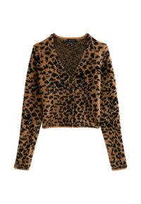 Cropped cardigan met luipaardprint van zacht, pluizig materiaal met een diepe V-hals en zwarte knopen. Heeft lange mouwen en een dierenpatroon.