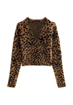 Cardigan court imprimé léopard en matière douce et duveteuse avec un col en V profond et des boutons noirs. Comprend des manches longues et un motif animal.