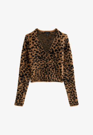 Cardigan court imprimé léopard en matière douce et duveteuse avec un col en V profond et des boutons noirs. Comprend des manches longues et un motif animal.