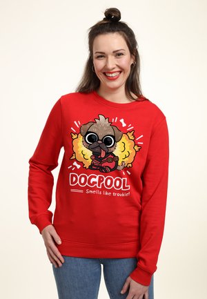 Kvinde med langt mørkt hår i en topknude iført en rød sweatshirt med en tegneserie-pug og teksten "DOGPOOL Smells like trouble!" smilende til kameraet.