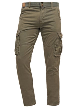 Olivgrüne Cargo-Hosen mit mehreren Seitentaschen, verstellbarem Bund und verstärkten Nähten. Aus strapazierfähigem Baumwollmaterial gefertigt.