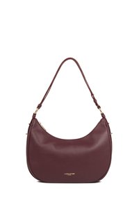 Borsa hobo in pelle borgogna con una texture liscia, una sola tracolla regolabile e dettagli in metallo dorato; presenta un logo del marchio discreto sul fronte.