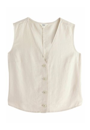 Blouse beige sans manches à boutons, col en V avec quatre boutons sur le devant, en tissu léger.