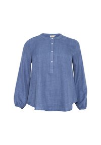 Blå langærmet bluse med rund krave, fire frontknapper og elastiske manchetter, lavet af tekstureret letvægtigt stof.