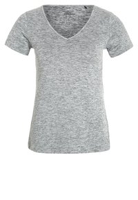 Camiseta de mujer de manga corta en gris claro jaspeado, con escote en V, ajuste slim y textura de tela suave.