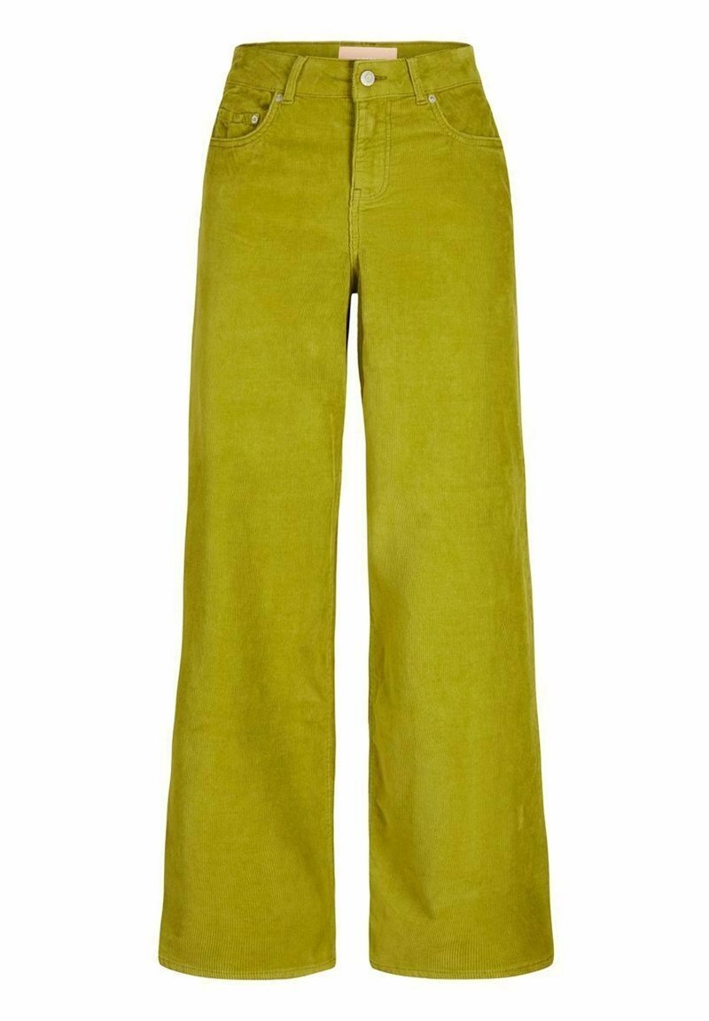 Pantalon en velours côtelé taille haute à jambes larges couleur vert olive avec bouton devant, fermeture éclair et style cinq poches.